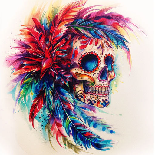Sugar skull tattoo with tropical bird feathers