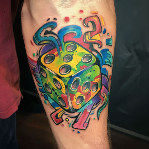 Dice tattoo with vibrant colors, Guy Aitchison style
