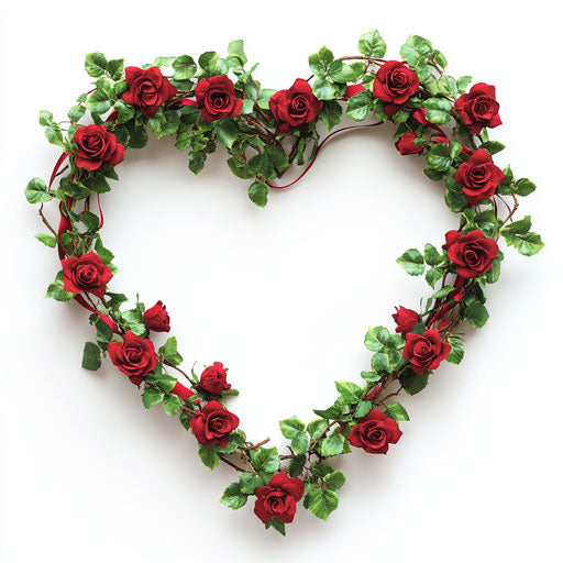 Heart-shaped wreath with red roses and green ribbons