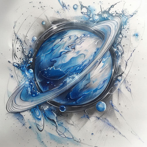 Dynamic tattoo sketch of Uranus with icy silver and blue motifs