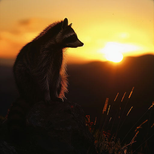 Raccoon silhouette at sunset on rocky outcrop