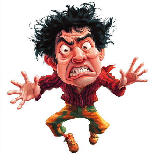 Humorous caricature of a caring caricature clipart with human characteristics, exaggerated prominent chin, big hands, in mid-jump, vibrant colors, cartoon style, frowning, high-resolution, no background, isolated –c 40