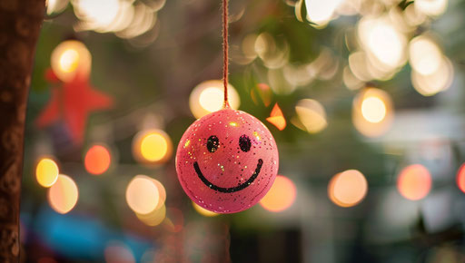 Pink sequin with smiley face on string, Banksy style