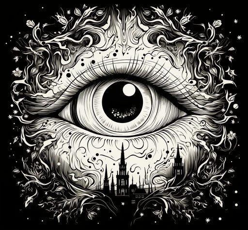 Black and white mystic symbols, wandering eye, ornate decoration