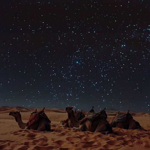Camels resting under a blanket of stars, peaceful in the desert night
