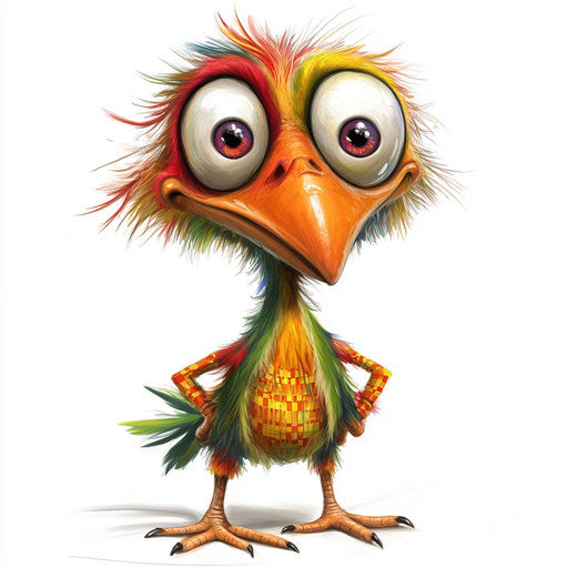 Humorous caricature of a cute bird with human characteristics