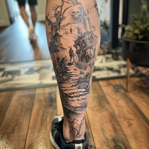 An epic mythological journey-inspired leg tattoo for men