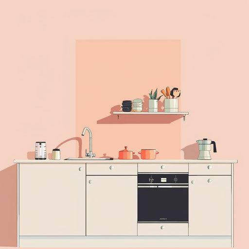 Realistic kitchen illustration on pastel peach background