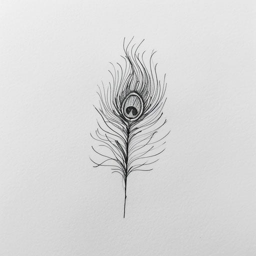 Minimalist black and white peacock feather tattoo sketch with fine line details