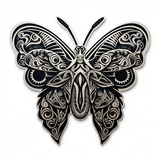 Maori art on butterfly sticker in black and white