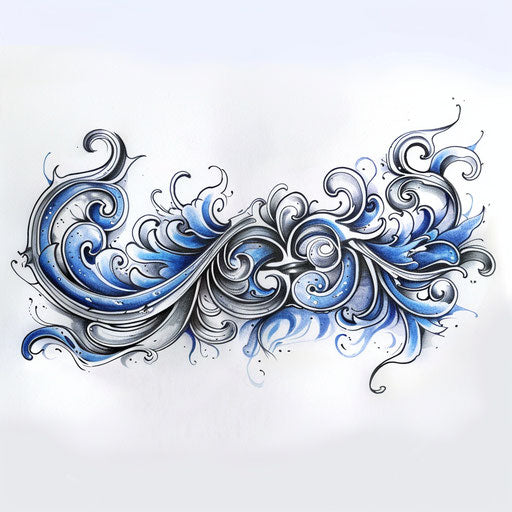 Dynamic sketch of a flat tattoo of an ankle bracelet with swirling waves and blue hues
