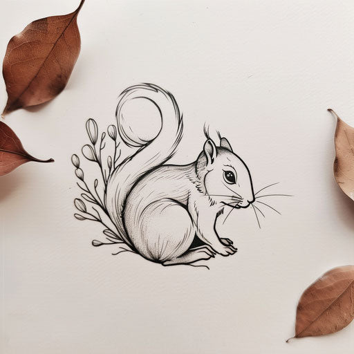 Flat tattoo sketch of a squirrel with minimalist earth tones