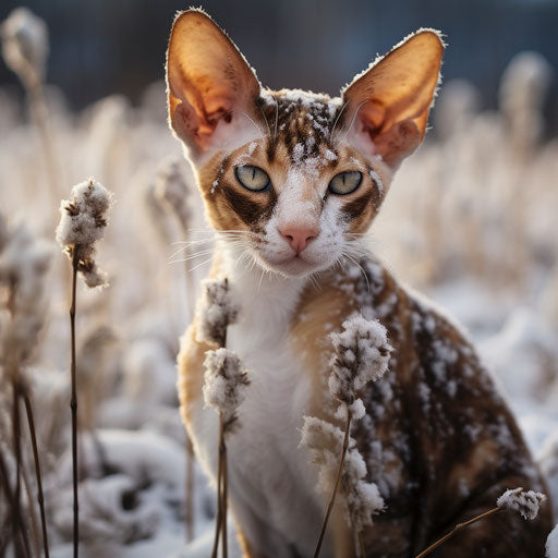 Cornish Rex cat in a field with snow