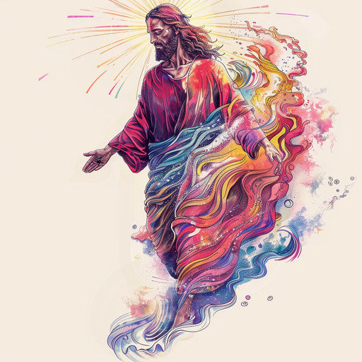 Jesus walking on water with colorful waves and light rays