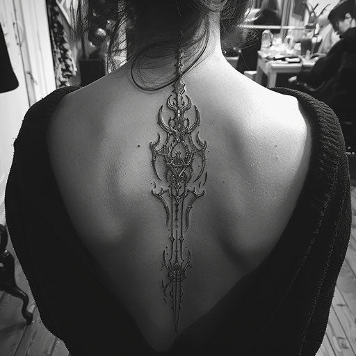 Fantasy-themed spine tattoo for women