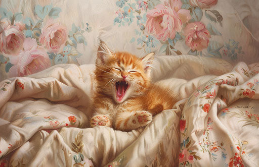 Cute kitten yawning on a bed