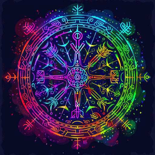 A psychedelic tattoo sketch of a Viking compass