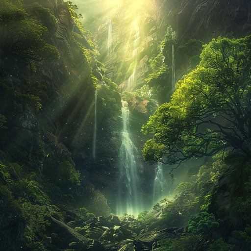Waterfalls of the mountain cascading through lush forests