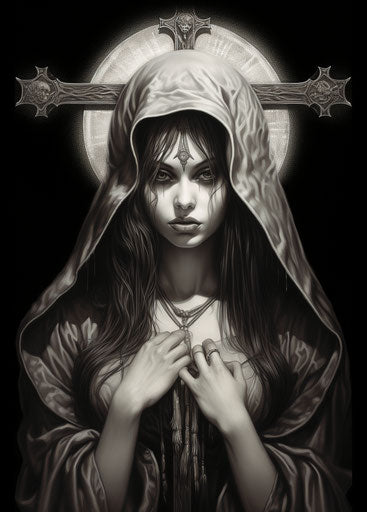 Woman with a cross, black white drawing, gothic realism style