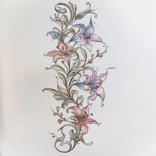 Art nouveau spine tattoo drawing with elegant floral curves in muted colors on white backdrop