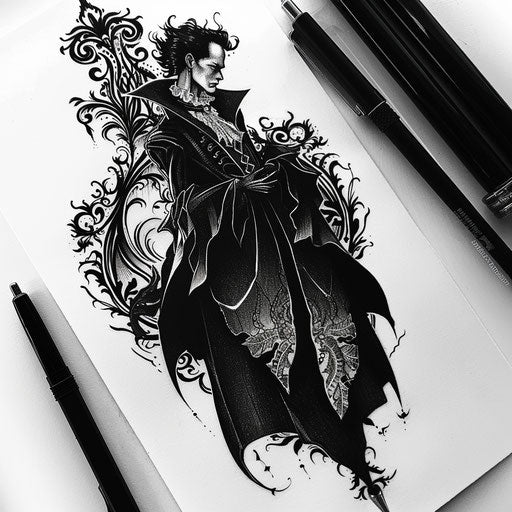 Elegant flat tattoo sketch of a vampire with a Victorian cloak and intricate lace details