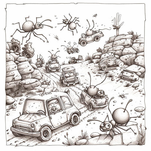 Ant race with tiny cars - Coloring book page