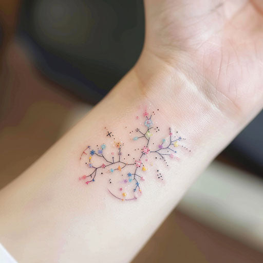 Cancer constellation tattoo in cute, cartoonish style, soft pastel colors on white background