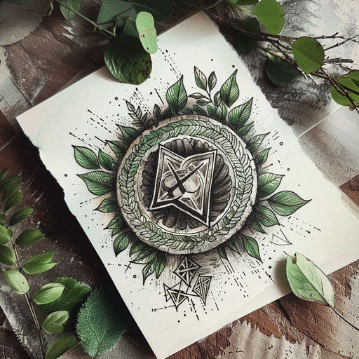 Eco-friendly flat tattoo sketch of a rune surrounded by green leaves and earthy textures in natural greens
