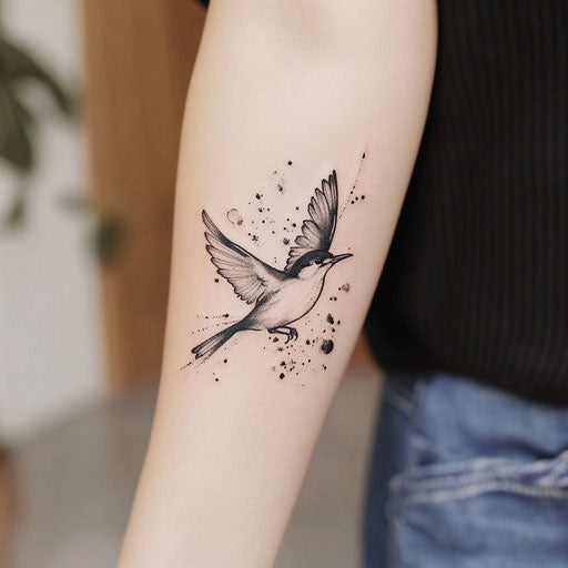 Flat tattoo sketch for small forearm, bird in flight with watercolor splashes