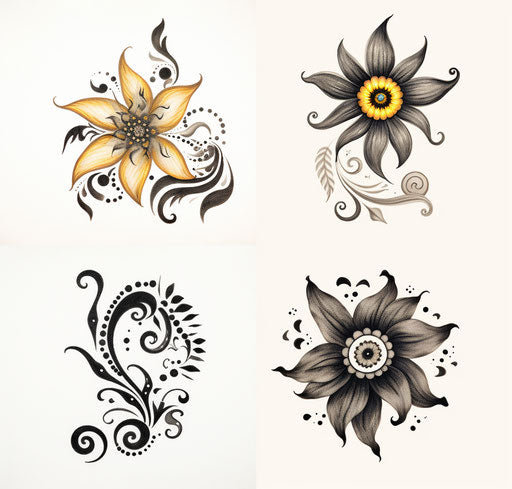Tattoo designs of a flower, star and leaves, Tongan art style