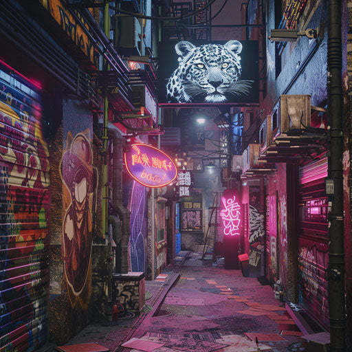 Cyberpunk alley with graffiti art of leopard on walls