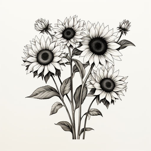 Minimalistic black and white drawing of sunflowers