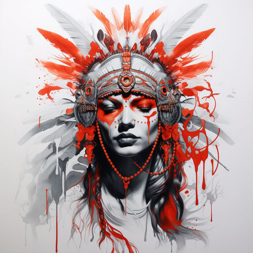 The woman with the red headdress sitting in front of a white background