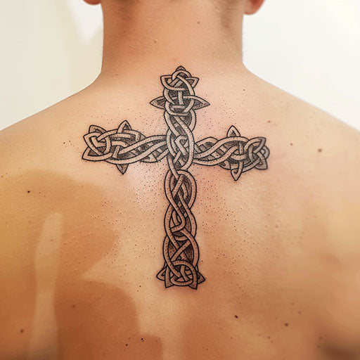 Intricate strength cross tattoo with Celtic knots weaving