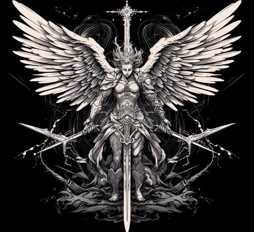 The wings of an angel holding a sword, graphic superhero style