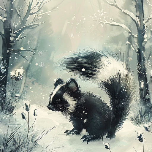 A skunk in a snowy landscape with snowflakes on its fur