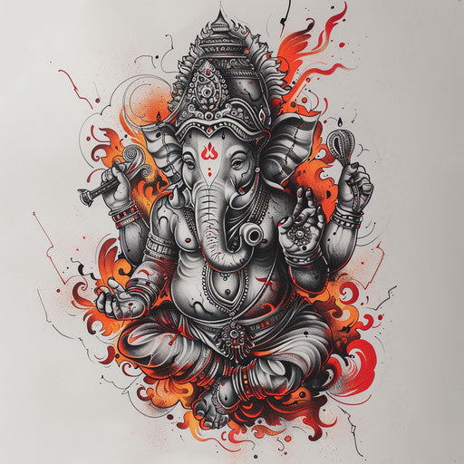 Edgy tattoo sketch of Ganesha, fiery clipart style
