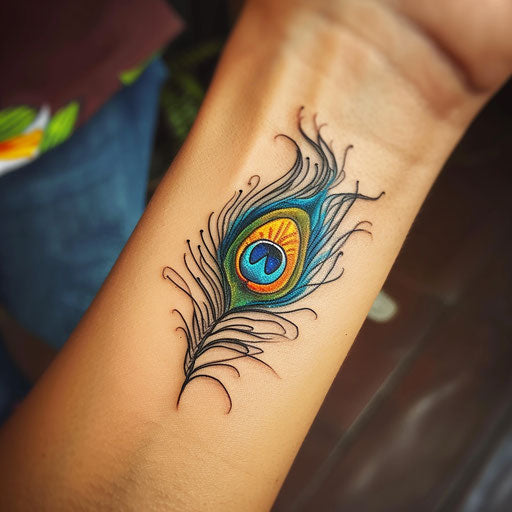 Sketch of a majestic peacock feather with vibrant colors for wrist coverup tattoo for women