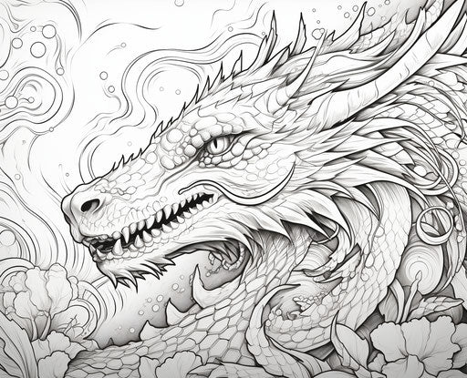 dragon coloring sheet, in the style of luminous skies, wollensak 127mm f/4.7 ektar, organic shapes, stencils, iconic, daguerreian, chilling creatures 31:25