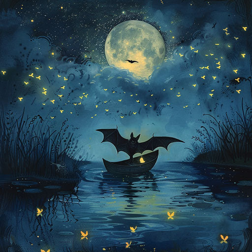 Bat on a boat on a moonlit pond