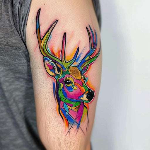Electric neon deer tattoo in pop art style on white canvas