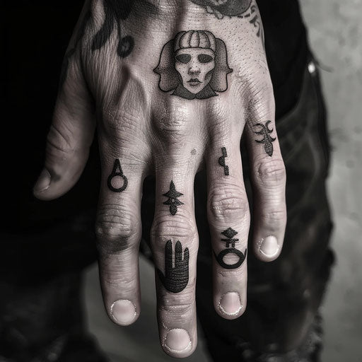 Men's finger tattoos in the style of Ami James with bold symbols