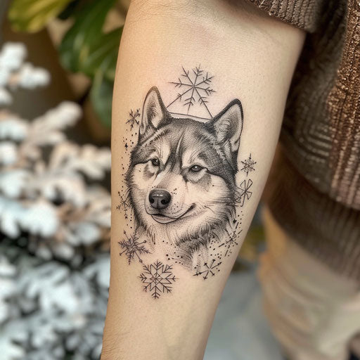 Gentle flat tattoo sketch of a husky with delicate snowflakes