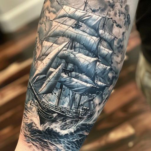 Historic tall ship battling in stormy sea