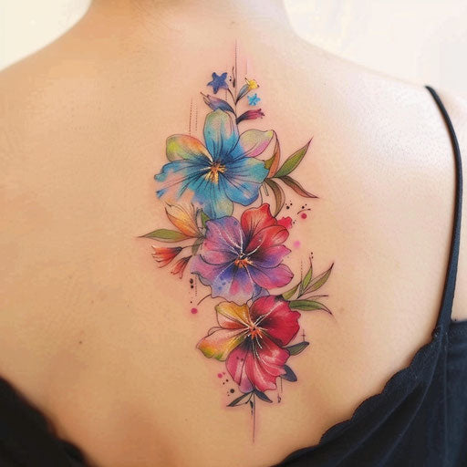 Vibrant watercolor floral tattoo, white background