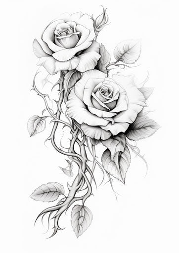 Rose flower drawing on white background, tattoo style, twisted branches