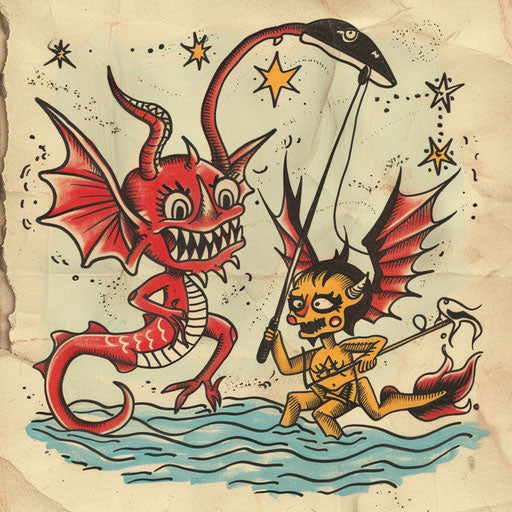 Whimsical flat tattoo sketch of a devil and angel fishing