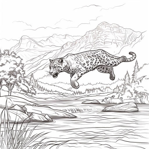 Black panther leaping over a river with mountains in the background. Coloring book page