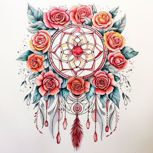 dream catcher drawing on white background with flowers, bold outline style, sgraffito, art deco-inspired, pictorial dreams, anemoiacore, free brushwork, midwest gothic