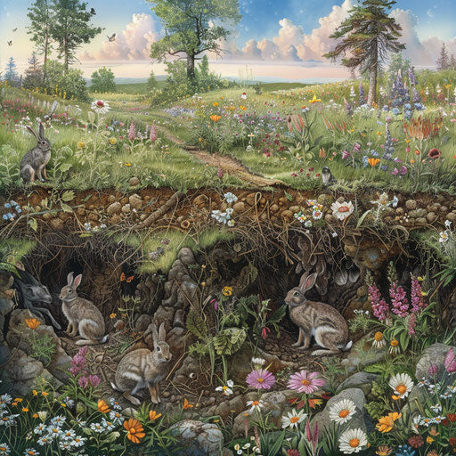 Rabbit burrow network under field of wildflowers